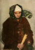 Reproduction of Rusinka - head of a girl, Teodor Axentowicz - graphic design. Girl in a scarf holding an object.