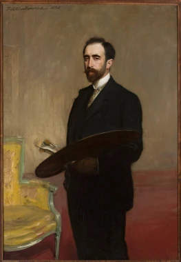 Self-portrait with palette by Teodor Axentowicz. Man in a dark suit holding a palette against a backdrop.