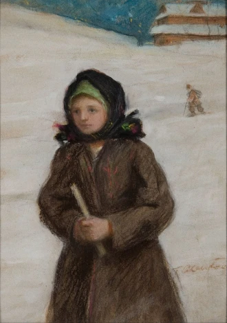 Girl with a Candle by Teodor Axentowicz - Graphic design featuring a girl in a brown coat holding a candle.
