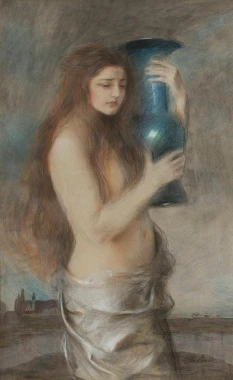 Girl with Blue Vase by Teodor Axentowicz - Graphic design featuring a woman holding a blue vase.