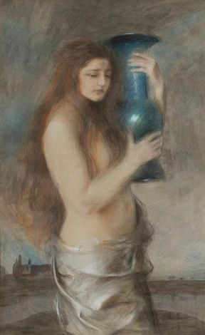 Girl with Blue Vase by Teodor Axentowicz - Graphic design featuring a woman holding a blue vase.