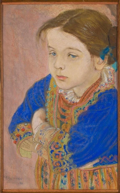 Girl in folk costume, Stanisław Wyspiański - Graphic design. Depicts a girl in traditional attire.