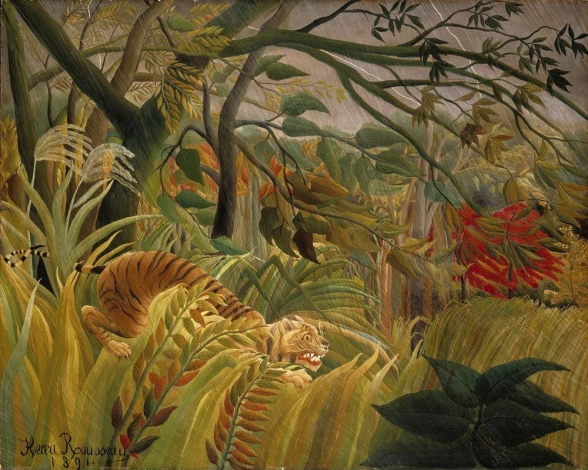 Reproduction of "Tiger in a Tropical Storm - Surprised!" by Henri Rousseau. The artwork features a tiger in dense foliage.