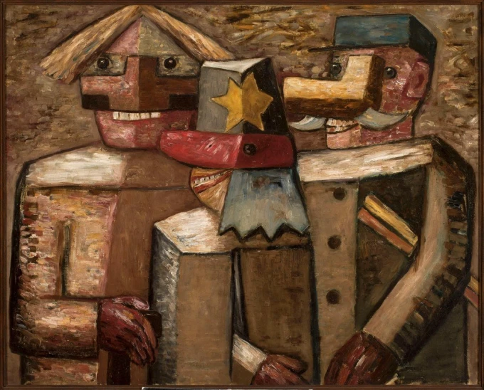 Reproduction of "Railway Workers" by Tadeusz Makowski. Three figures with geometric shapes and distinct details.
