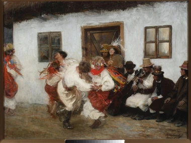 Reproduction of Kołomyjka by Teodor Axentowicz - Arrangement in a bright room with wooden furniture and traditional decor.