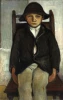 Reproduction of Orphan from Poronin by Władysław Ślewiński. Boy in a hat sitting on a chair, with an expression.