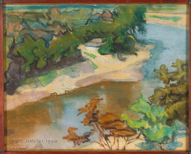 Landscape with River by Stanisław Wyspiański - Graphic design. The image features a river surrounded by greenery and browns.