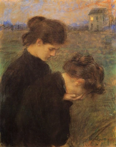 Reproduction of Under the Burden of Misfortune by Teodor Axentowicz - Graphic design featuring two female figures in muted colors.