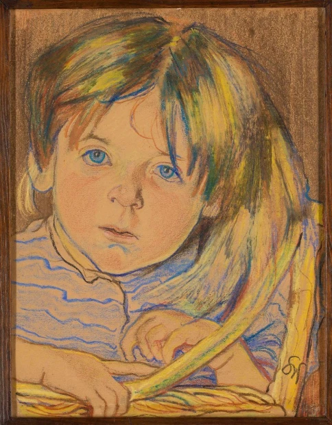 Child Portrait Reproduction by Stanisław Wyspiański - Graphic design featuring a child with blue eyes and long hair.