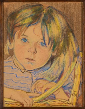 Child Portrait Reproduction by Stanisław Wyspiański - Graphic design featuring a child with blue eyes and long hair.