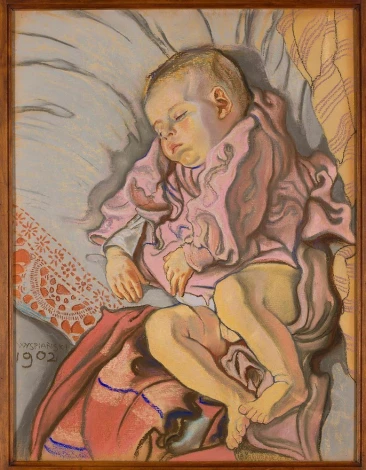 Sleeping child on a pillow, Stanisław Wyspiański - Graphic design. Child sleeps on a pillow, wearing a pink shirt.