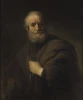 Reproduction of St. Peter by Rembrandt - Graphic design. Man with a gray beard in a brown robe holding keys.