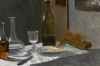 Still Life with Bottle, Carafe, Bread, and Wine by Claude Monet - Graphic print featuring a bottle.