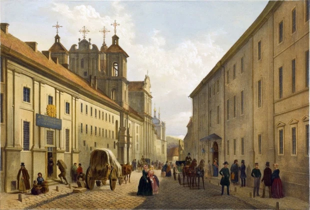 19th-century reproduction of Street in Vilnius by Zygmunt Vogel, featuring buildings, people, and horses in the background.