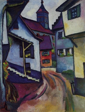 Street reproduction with church in Kandern by August Macke - Graphic design. Alley with houses, church in the background, vibrant.