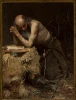 Reproduction of The Anchorite by Teodor Axentowicz. A man kneels by a haystack with a book in front of him.
