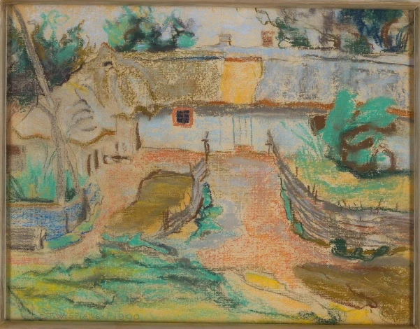 Reproduction of "Farmstead in Konary" by Stanisław Wyspiański. The image depicts a rural homestead with a house.