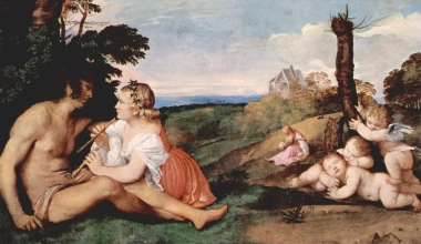 Reproduction of Allegory of the Three Ages of Man by Titian - Graphic design. Human figures in various poses.