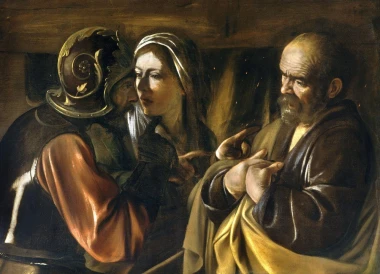 Reproduction of Denial of Saint Peter by Michelangelo Caravaggio - Graphic design featuring three figures in intense colors.