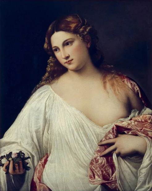 Flora reproduction by Titian - Graphic design. Female figure in a white dress with pink detail, holding flowers.