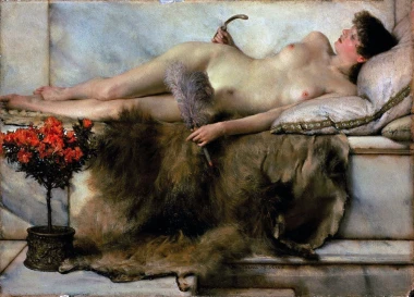 Reproduction of In the Tepidarium by Lawrence Alma-Tadema. A woman reclines on a sofa holding a fan, beside her.