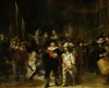 Reproduction of Night Watch by Rembrandt - Graphic design featuring historical figures in costumes with weapons.