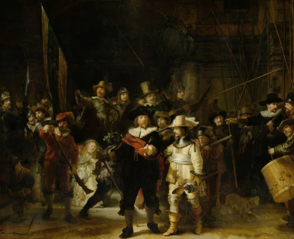 Reproduction of Night Watch by Rembrandt - Graphic design featuring historical figures in costumes with weapons.