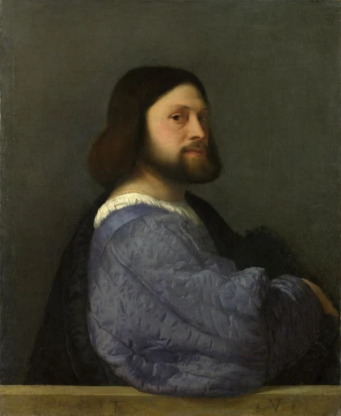 Portrait reproduction of a man by Titian - graphic design. Man in a blue robe, bearded, looking to the side.