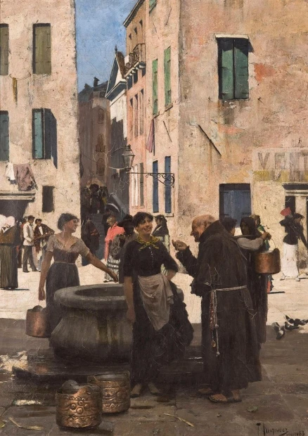 Reproduction of By the Well, Teodor Axentowicz - Urban space arrangement. Everyday life scenes in bright colors.