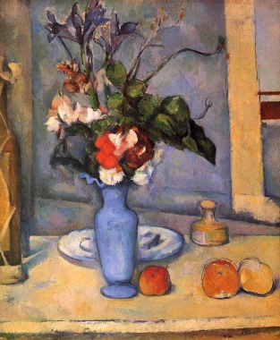 Reproduction of The Blue Vase by Paul Cezanne - Graphic design featuring a blue vase with flowers and fruits on a table.