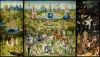 Reproduction of The Garden of Earthly Delights by Hieronymus Bosch - Graphic design. Three panels with figures and animals.