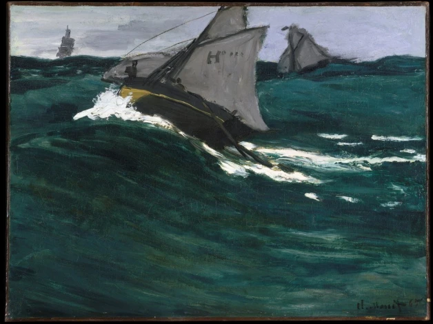 Reproduction of The Green Wave by Claude Monet. The artwork depicts sea waves and boats on turbulent water.