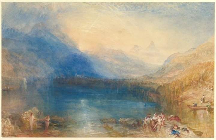 Reproduction of The Lake of Zug by William Turner. The image features a lake surrounded by mountains with people.