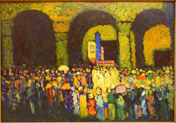 Reproduction of The Ludwigskirche in Munich by Wassily Kandinsky. The artwork depicts a crowd of people in vibrant colors.