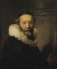 Reproduction of The Preacher Johannes Uyttenbogaert by Rembrandt - Graphic design featuring a man in dark clothing with white.