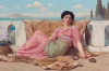 Reproduction of The Quiet Pet by William Godward. A woman in a pink dress lies on a fur, with a turtle and flowers nearby.