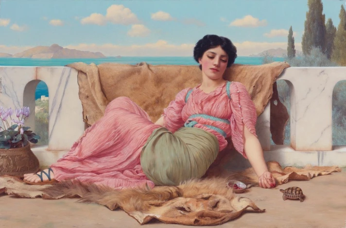 Reproduction of The Quiet Pet by William Godward. A woman in a pink dress lies on a fur, with a turtle and flowers nearby.