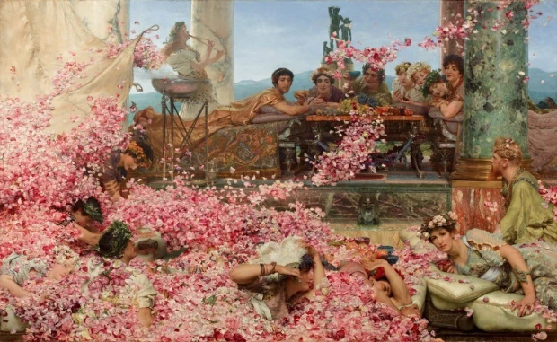 Reproduction of The Roses of Heliogabalus by Lawrence Alma-Tadema - Graphic design featuring flowers in shades of pink and figures.