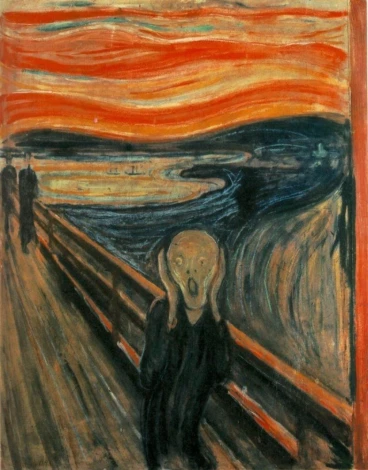 Reproduction of The Scream by Edvard Munch - Graphic design featuring a figure with a defined face and hands on head, wavy background.