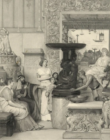 Reproduction of The Sculpture Gallery by Lawrence Alma-Tadema - Graphic design featuring figures in ancient attire.