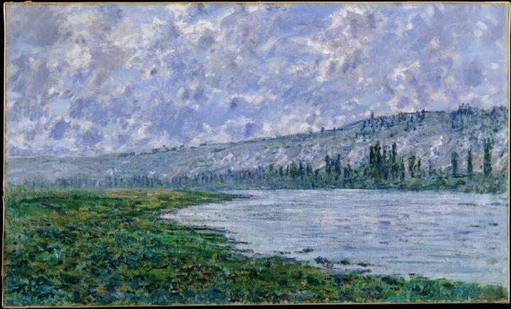 Reproduction of The Seine at Vetheuil by Claude Monet. The artwork depicts a river surrounded by greenery and trees in the background.