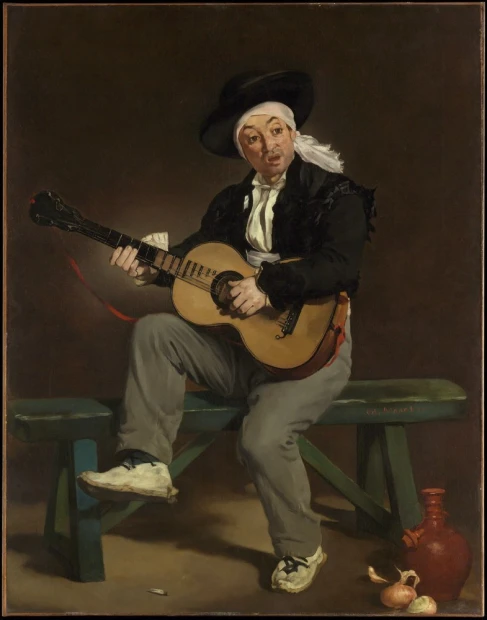 Reproduction of The Spanish Singer by Edouard Manet. Man playing guitar, sitting on a bench with a bottle.