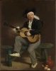 Reproduction of The Spanish Singer by Edouard Manet. Man playing guitar, sitting on a bench with a bottle.