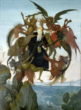 Reproduction of The Torment of Saint Anthony by Michelangelo - Graphic design featuring the saint surrounded by demons.