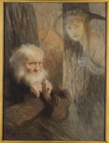 Vision - Memory reproduction by Teodor Axentowicz. A bearded man in a brown robe, next to a figure.