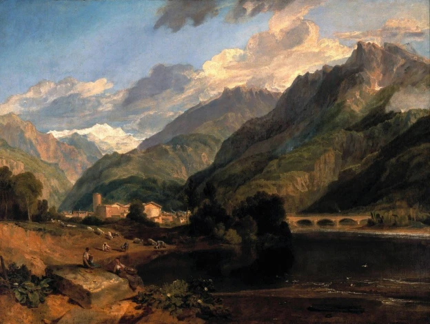 Reproduction of Bonneville, Savoie by William Turner - Graphic design featuring a scenic mountain landscape with a river and figures.