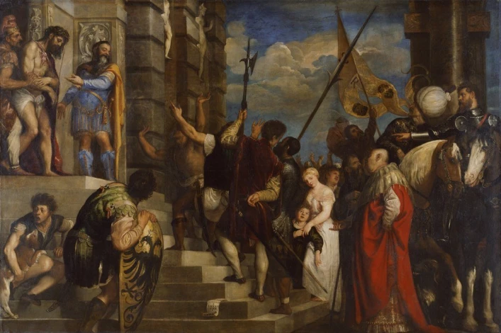 Ecce Homo reproduction by Titian - Graphic design featuring figures, stairs, and flags against a sky backdrop.