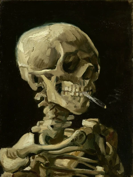 Reproduction of Van Gogh\'s Head of a Skeleton with a Burning Cigarette. The image features a skull.