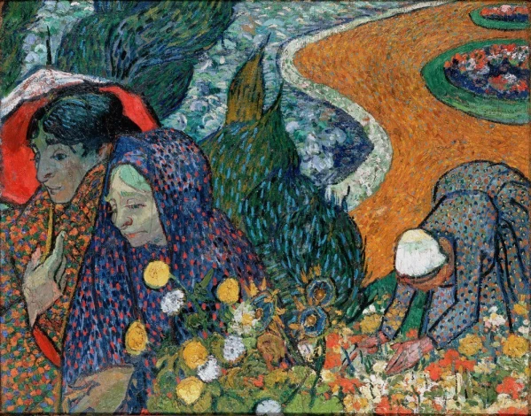 Reproduction of Memory of the Garden at Etten by Vincent van Gogh. The image features figures in a garden with flowers.
