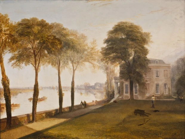 Reproduction of Mortlake Terrace Early Summer Morning by William Turner - Styled in a living room with light walls and furniture.